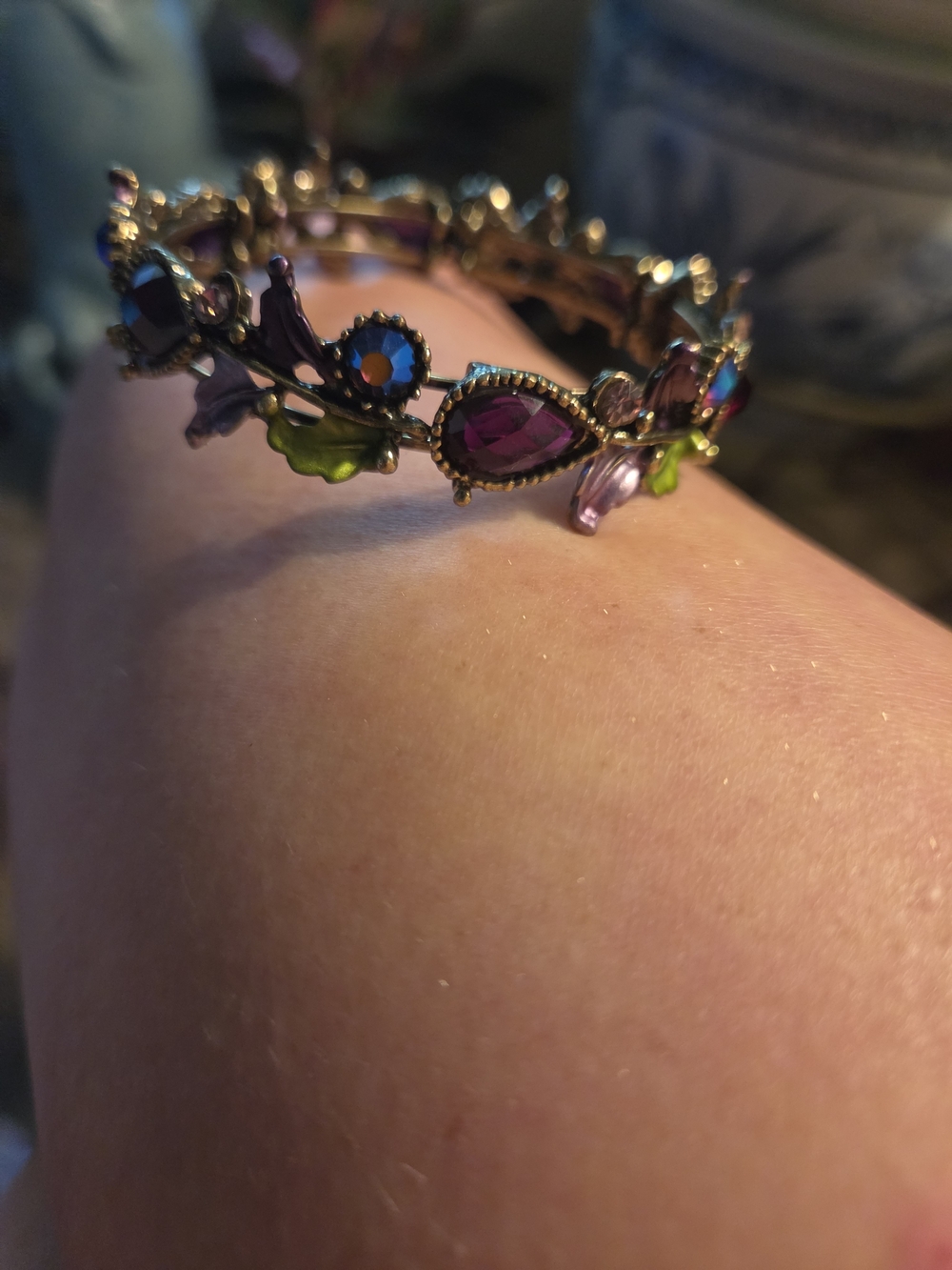 Gold-Tone Floral Crystal Bracelet with Purple and Green Stones NWOT